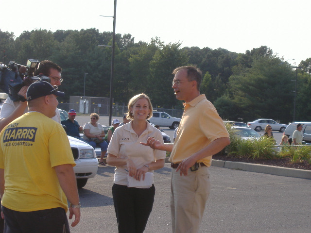 Prior to an interview, Congressional candidate Andy Harris engages in some joviality with the FOX 21 reporter and crew.