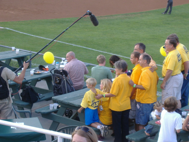 Andy Harris and a few of his friends taping a commercial during the Shorebirds game.
