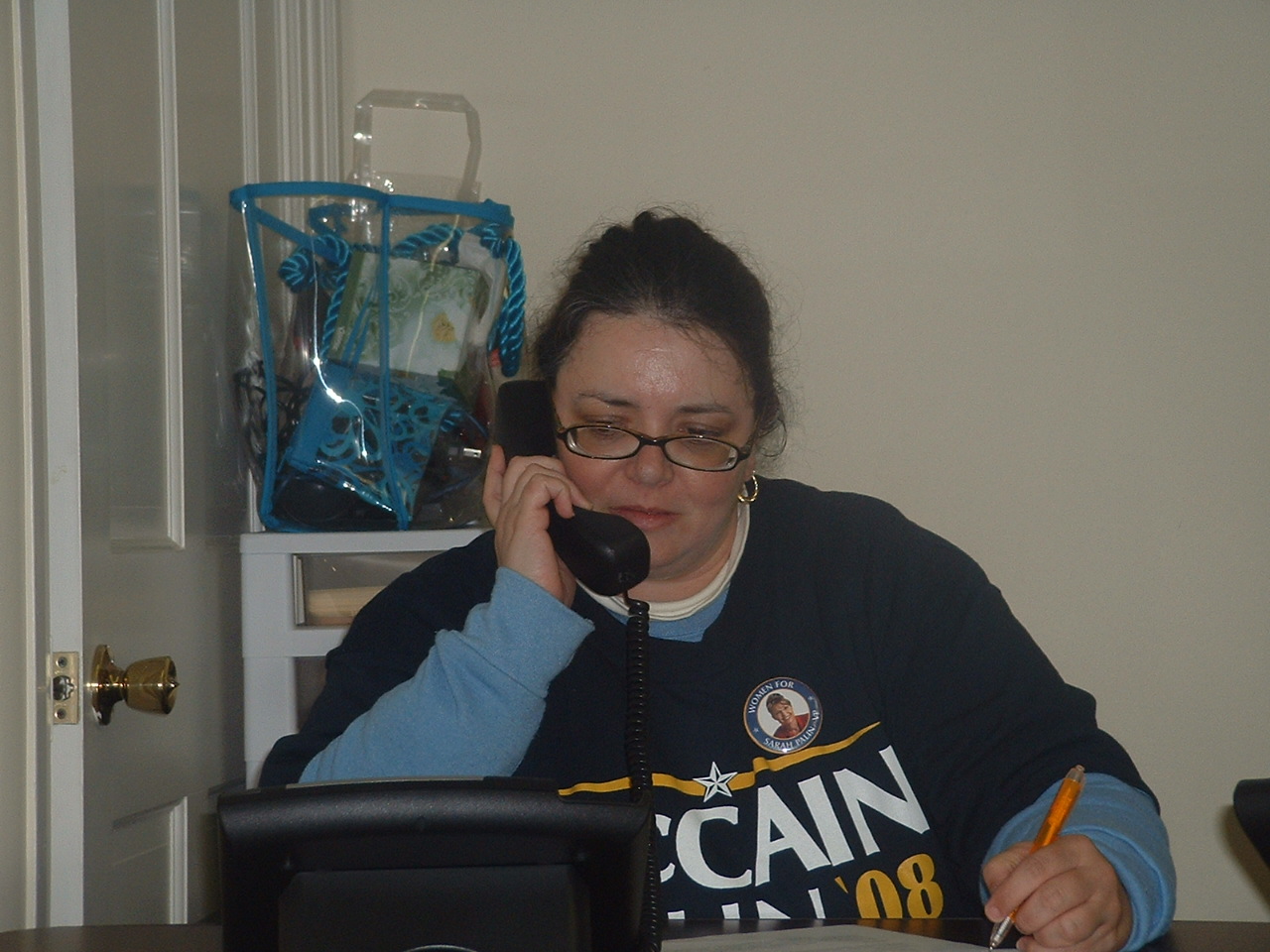 Here's Maria hard at work, making the phone calls to help John McCain carry Pennsylvania - or so she hopes.