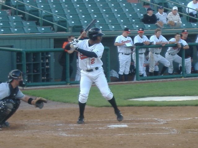 L.J. Hoes at the plate in an April game against the Hagerstown Suns.