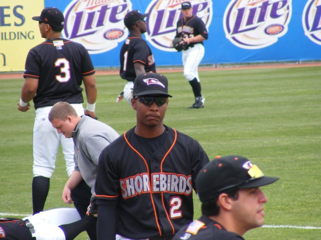 Early on this bemused look was common for Shorebirds second baseman L.J. Hoes, but he's got the hottest bat on the Shorebirds lately. Photo by Kim Corkran.