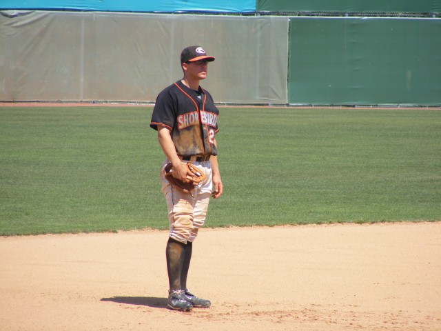 Tyler Kolodny waits on the next play at his customary third base position.