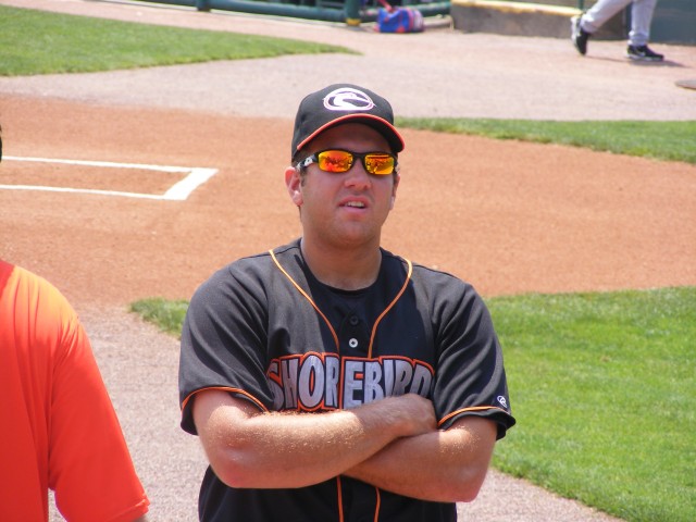  One of the fan-friendliest of the Shorebirds, Cliff Flagello chats up the crowd before a recent game.