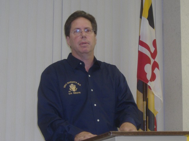 Dr. Eric Wargotz, candidate for United States Senate, males a point while speaking to the Wicomico County Republican Club, August 24, 2009.