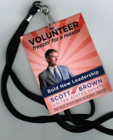 Dr. Eric Wargotz's Scott Brown volunteer badge.