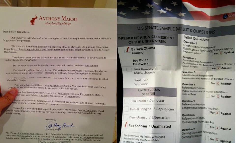 Letter from Republican Anthony Marsh and Sobhani voter guide.